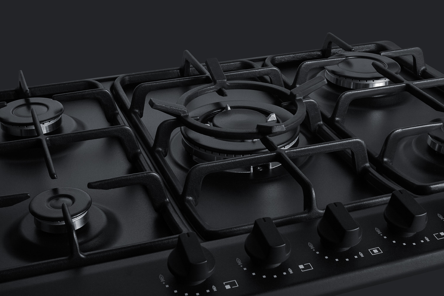 5-burner gas cooktop made in Italy in black matte finish with sealed burners, cast iron grates, wok stand, and stainless steel frame to allow installation in 30